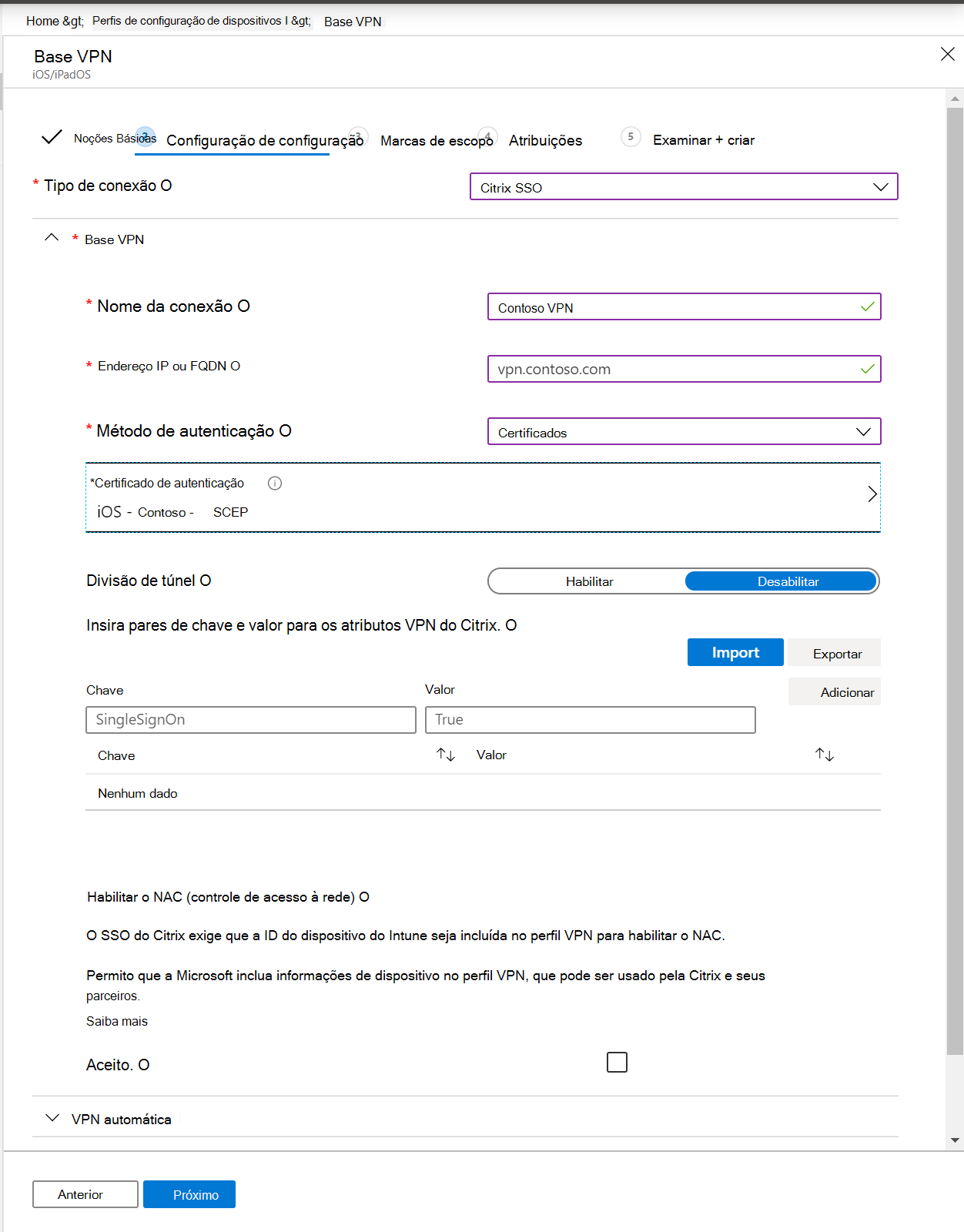 Captura de ecrã que mostra um perfil VPN por aplicação, um endereço IP ou FQDN, um método de autenticação e um túnel dividido no Microsoft Intune e no centro de administração Intune.