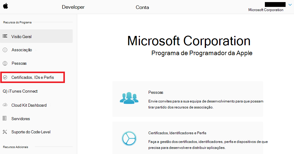 Portal do Programador da Apple – Certificados, IDs & Perfis