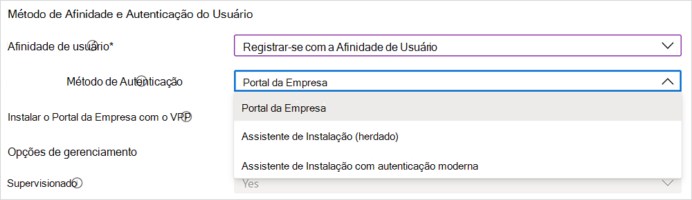 Captura de tela das opções do método de autenticação.