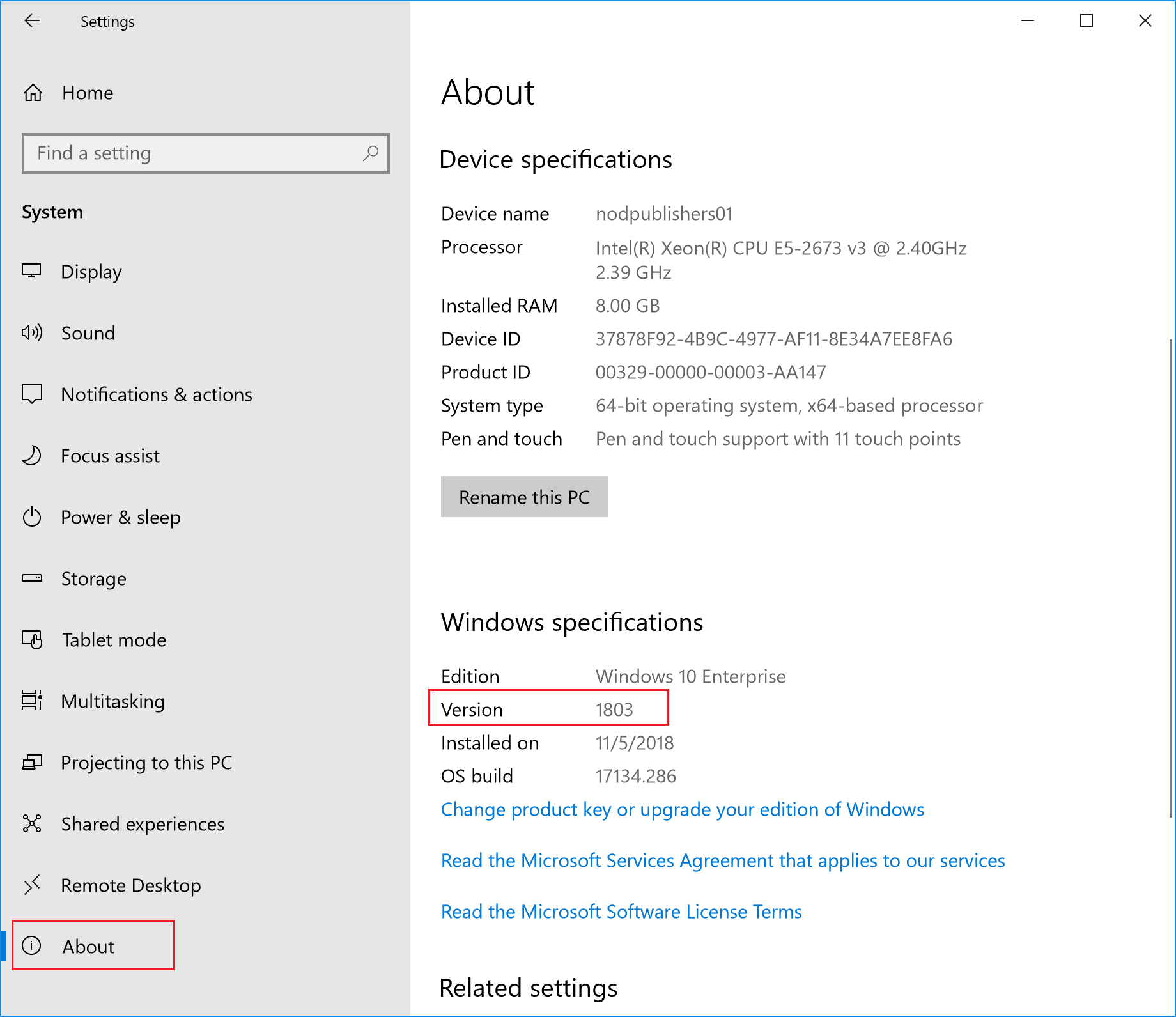 Captura de tela das configurações do sistema