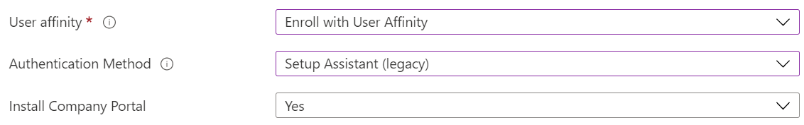 No Intune centro de administração e Microsoft Intune, inscreva dispositivos iOS/iPadOS com a inscrição automatizada de dispositivos (ADE). Selecione Inscrever com afinidade de utilizador, utilize o Assistente de Configuração para autenticação e instale a aplicação Portal da Empresa.