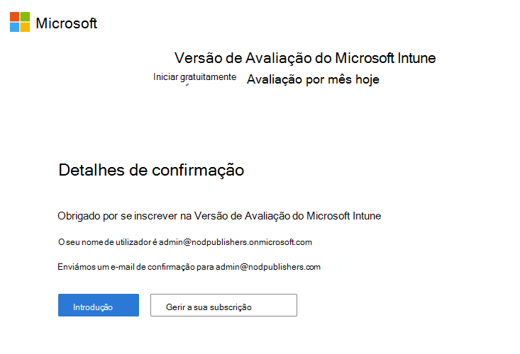 Captura de ecrã da página Microsoft Intune configurar a conta – Detalhes de confirmação