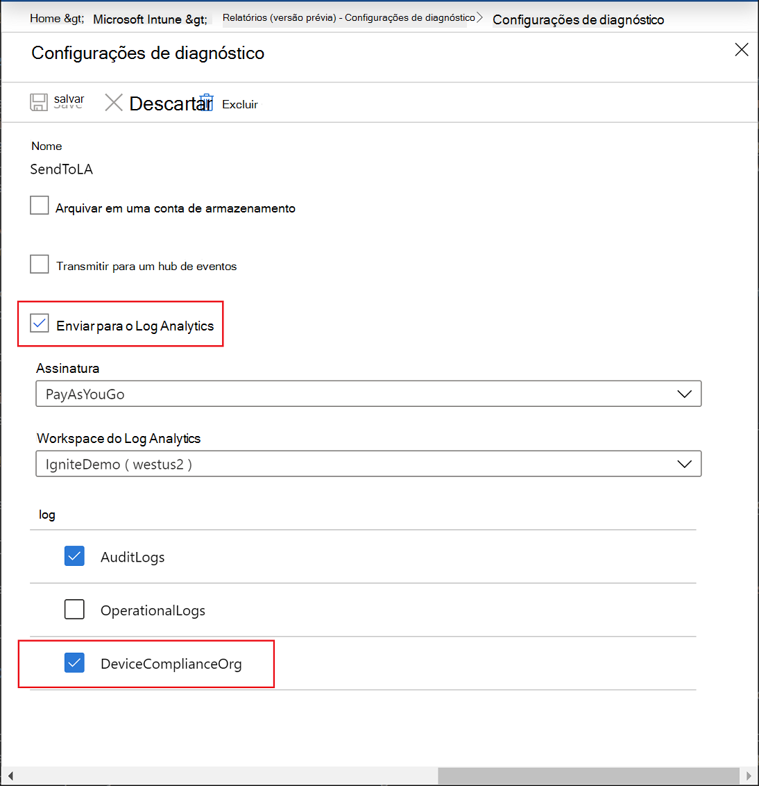 Relatórios do Intune – configurações de diagnóstico