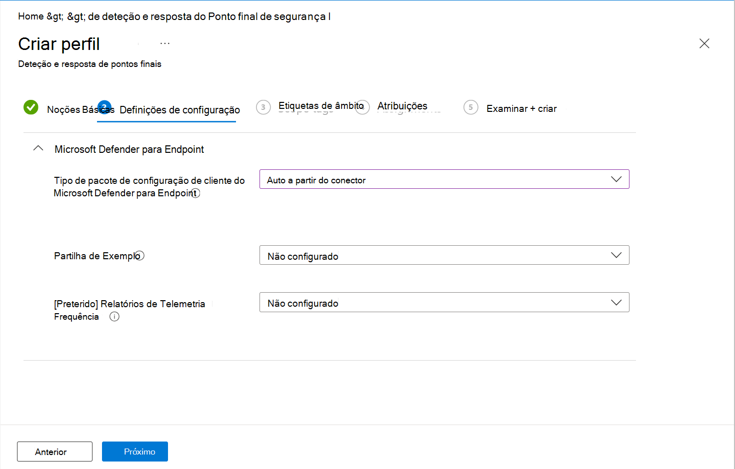 Captura de tela das opções de configuração de Detecção e Resposta de Ponto de Extremidade.