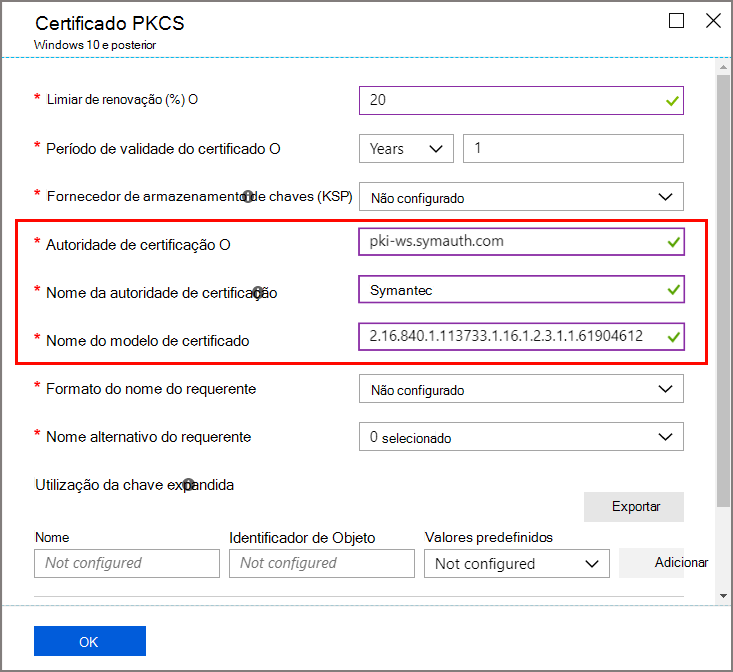 Seleções para modelo de certificado e de AC