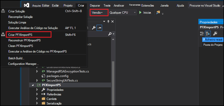 Opção de Compilação do Visual Studio