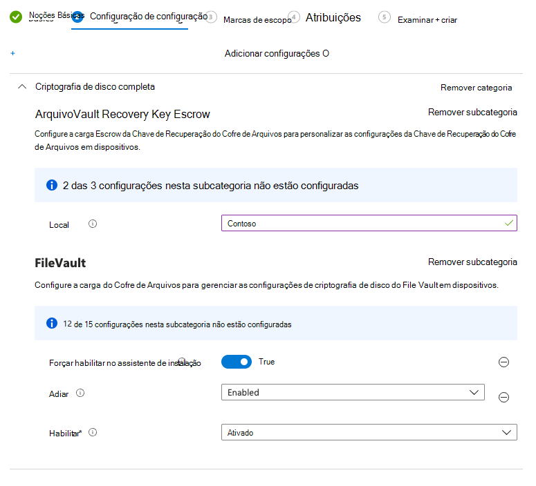 Captura de ecrã das definições necessárias para ativar o Cofre de Ficheiros no Assistente de Configuração.