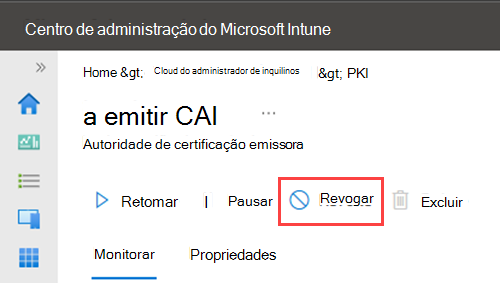 Captura de ecrã de exemplo a realçar a ação Revogar para a AC.