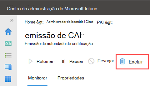 Captura de ecrã de exemplo a realçar a ação de eliminação de uma AC emissora.