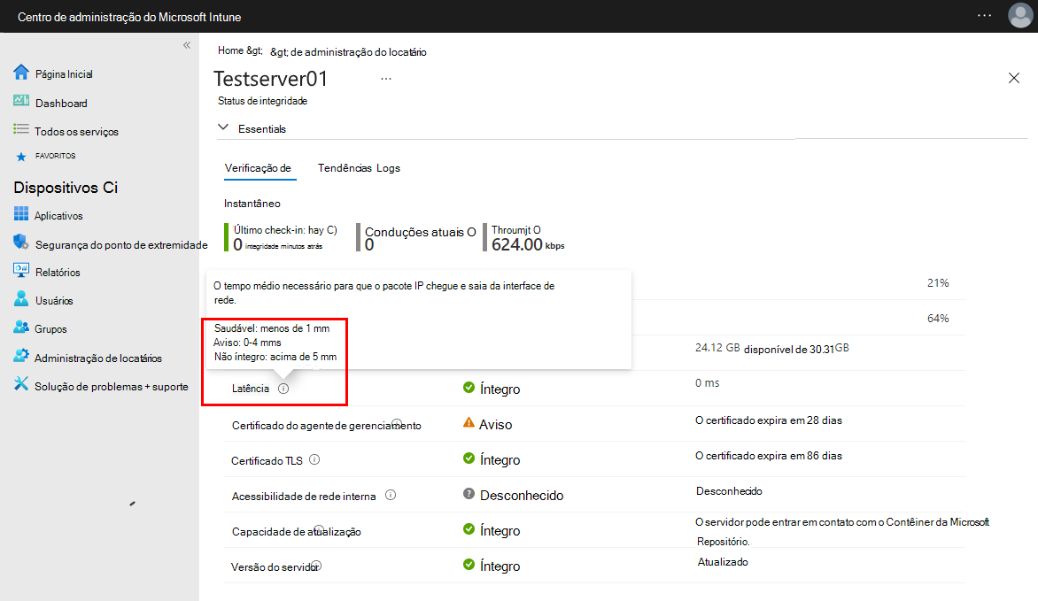 Captura de tela de uma exibição de Verificação de integridade de um servidor.