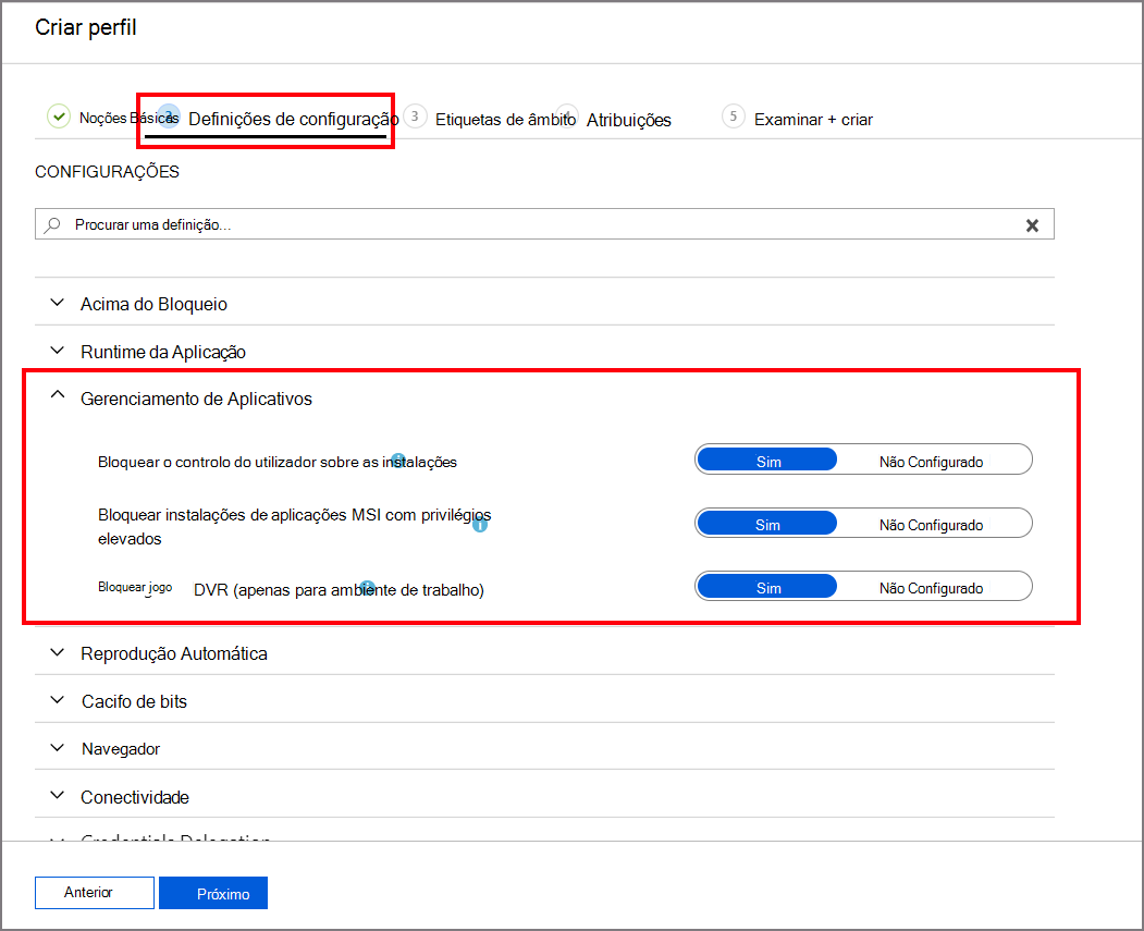 Expanda um grupo para exibir as configurações dele