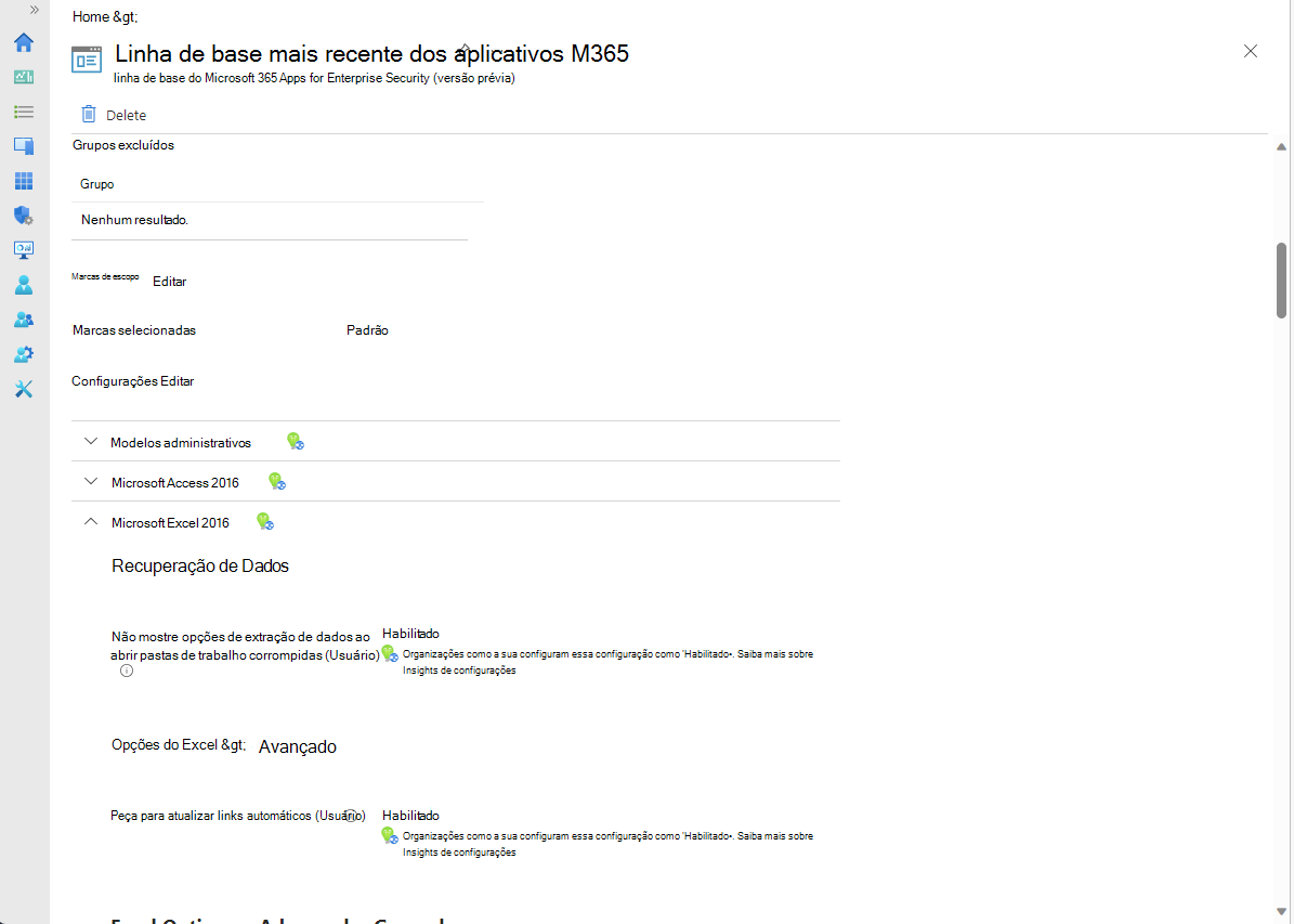 Veja a configuração das linhas de base, onde pode editar para fazer alterações.