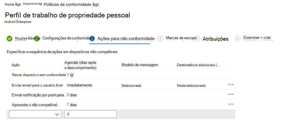 Captura de ecrã a mostrar uma política de conformidade com ações de não conformidade no centro de administração do Microsoft Intune.