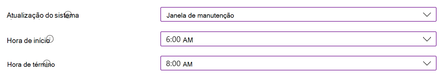 Captura de ecrã que mostra a definição de atualização do sistema com uma janela de manutenção para dispositivos Android Enterprise no centro de administração do Microsoft Intune.