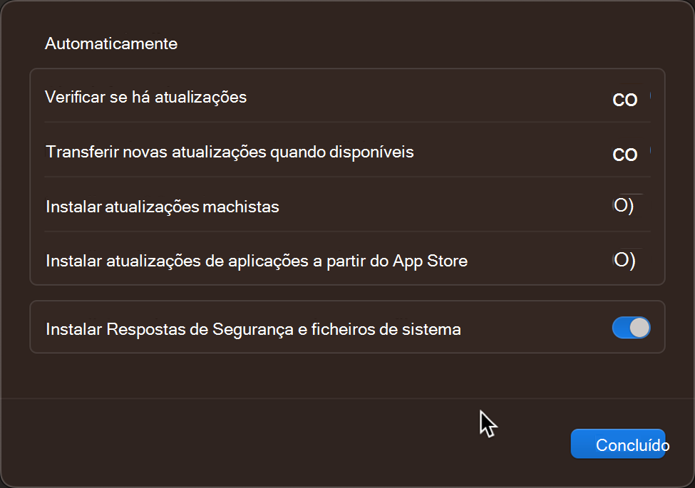 As definições e controlos de atualização predefinidos do sistema operativo num dispositivo MacOS Apple.