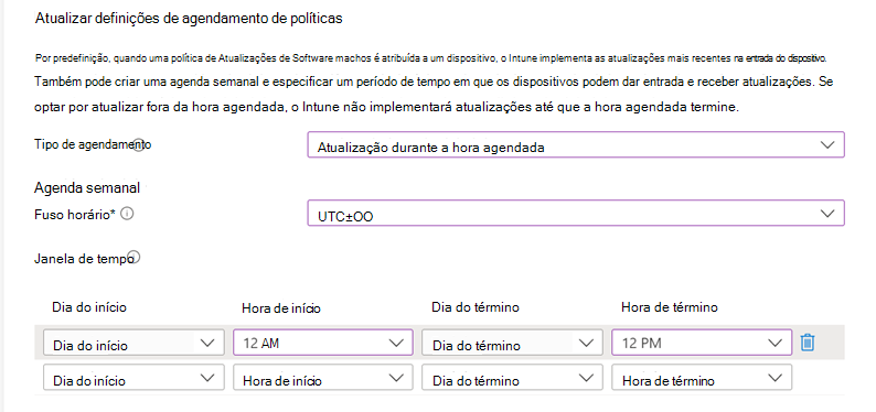 Captura de ecrã das definições de Agendamento da política de atualização.