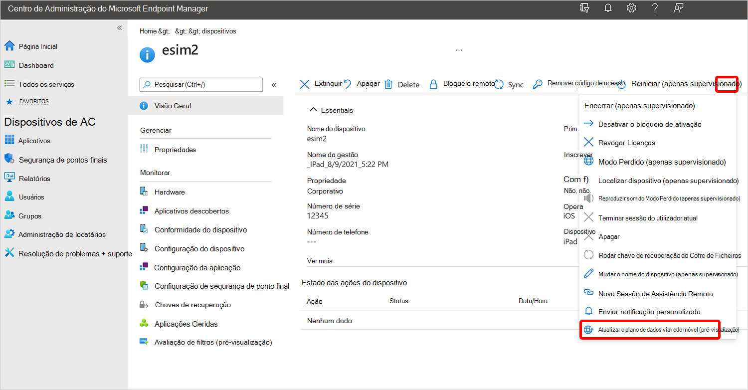 Captura de ecrã a mostrar a atualização do plano de dados via rede móvel