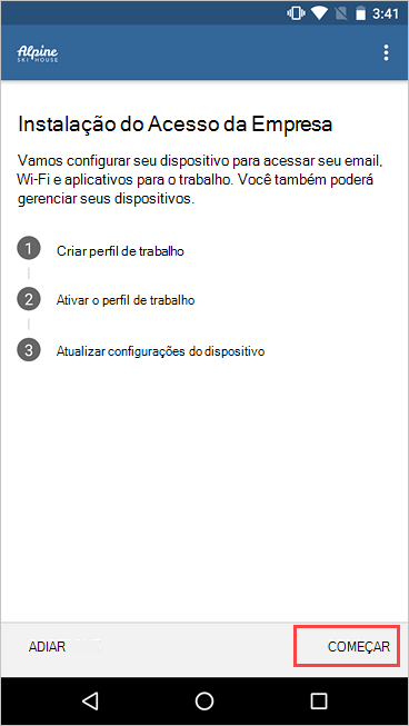 Captura de ecrã do ecrã Configuração de Acesso da Empresa a realçar o botão Iniciar.