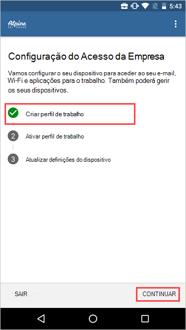 Captura de ecrã a mostrar a Configuração de Acesso da Empresa a mostrar que o perfil de trabalho foi criado.