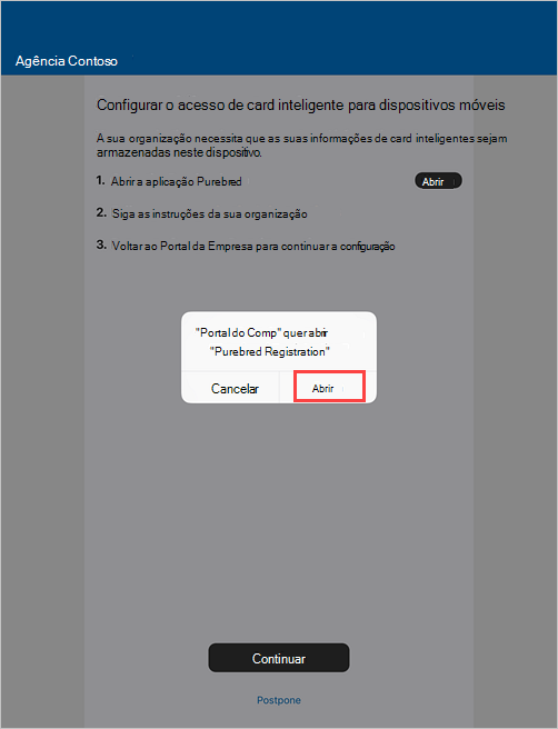 Captura de ecrã de exemplo do pedido de Portal da Empresa para abrir a aplicação DISA Purebred.