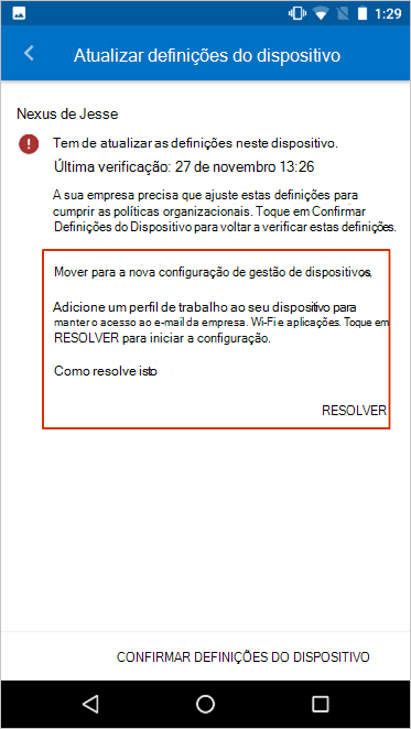 O ecrã Atualizar definição do dispositivo, a realçar a mensagem de configuração da mudança para a nova gestão de dispositivos.