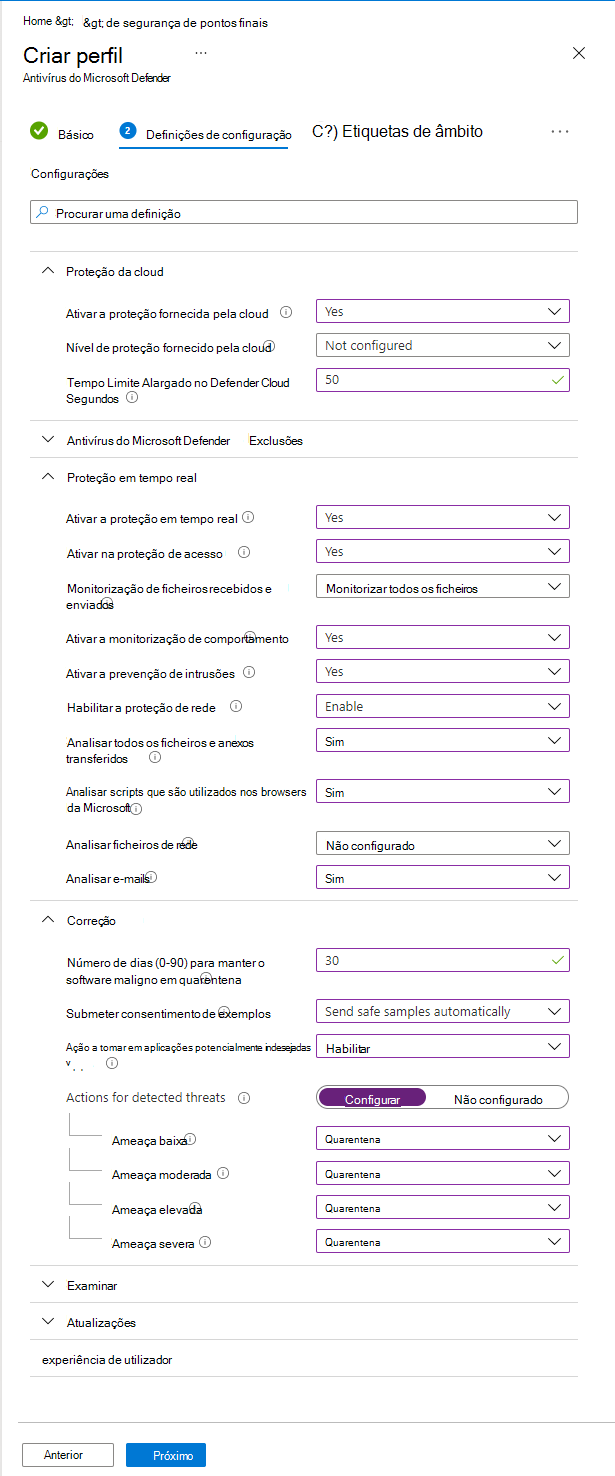 Captura de tela que mostra um exemplo de um perfil do Microsoft Defender Antivírus no Microsoft Intune.