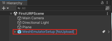 Uma captura de tela do pré-fabricado Mesh Emulator Setup No Upload adicionado à hierarquia.