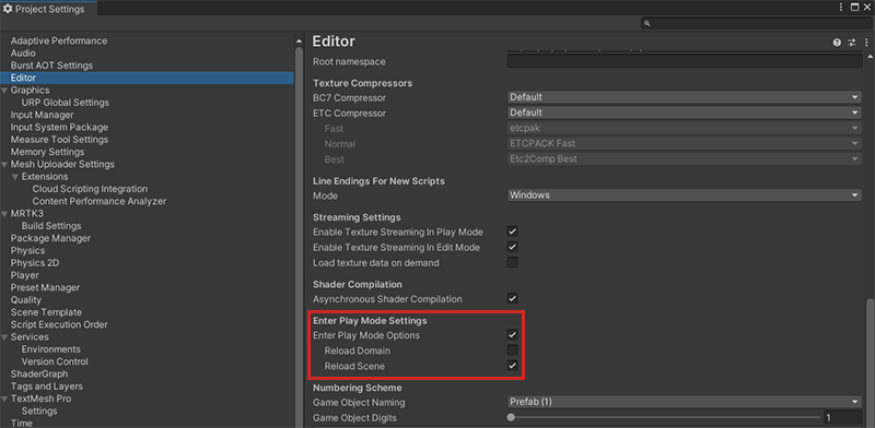 Uma captura de tela da propriedade Enter Play Mode Settings na página Project Settings Editor.