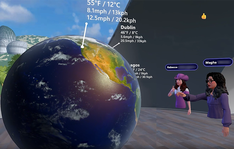 Uma captura de tela dos participantes de um evento clicando em um globo interativo para visualizar dados meteorológicos ao vivo. 