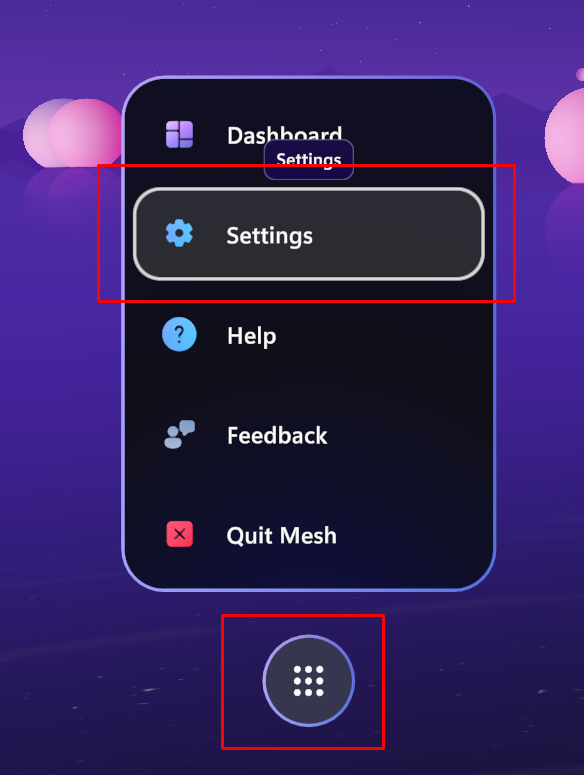 Uma tela da interface do aplicativo Mesh com o botão Menu realçado.