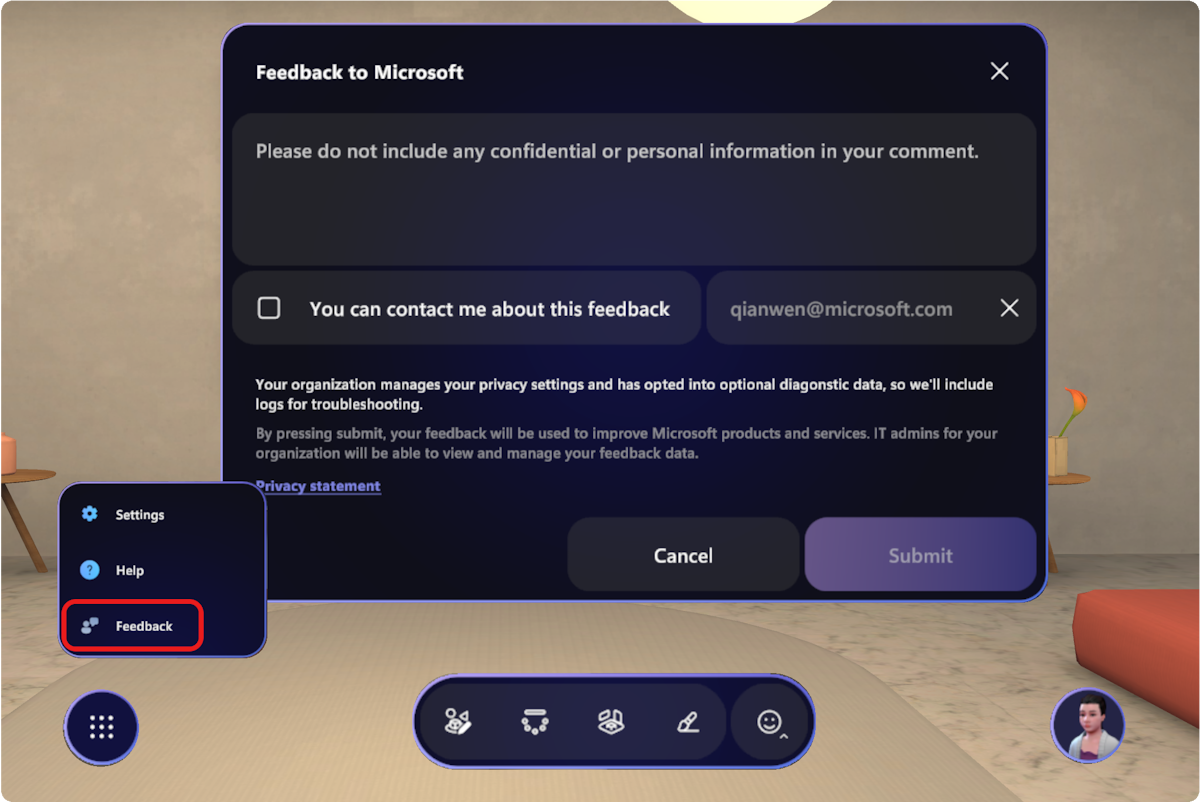 Uma captura de tela da caixa de diálogo de feedback de espaços imersivos