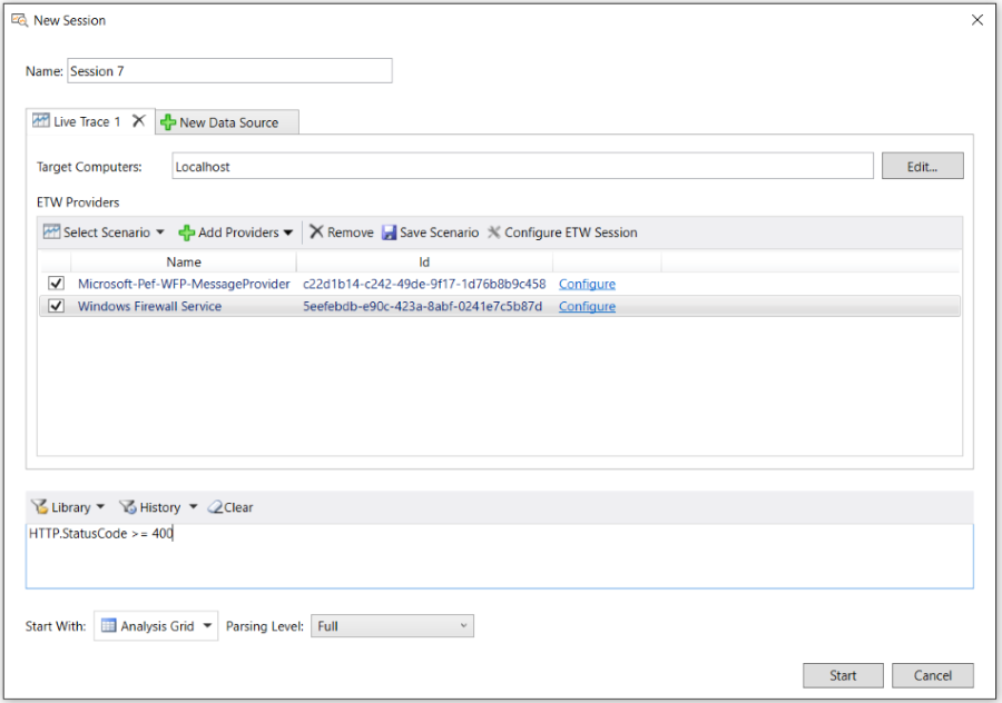 Message Analyzer Live Trace Session configuration