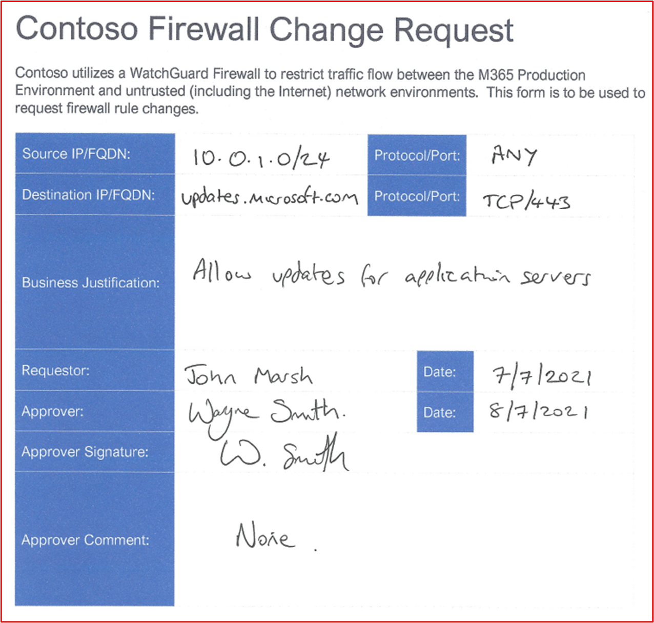 captura de ecrã a mostrar uma alteração da regra de firewall que está a ser pedida e autorizada através de um processo baseado em papel