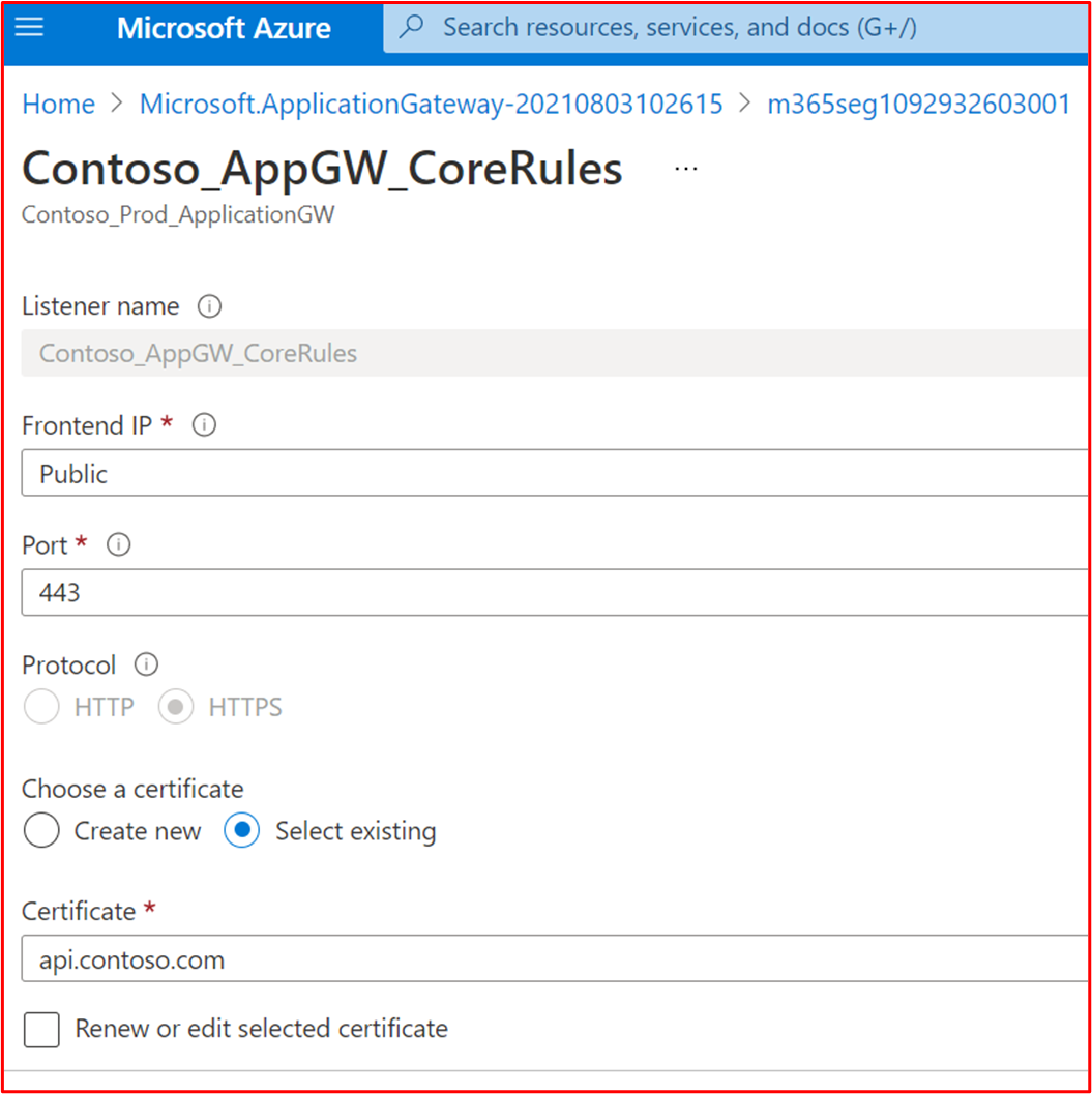 captura de ecrã a mostrar o Contoso_AppGW_CoreRules a mostrar que se destina ao serviço api.contoso.com