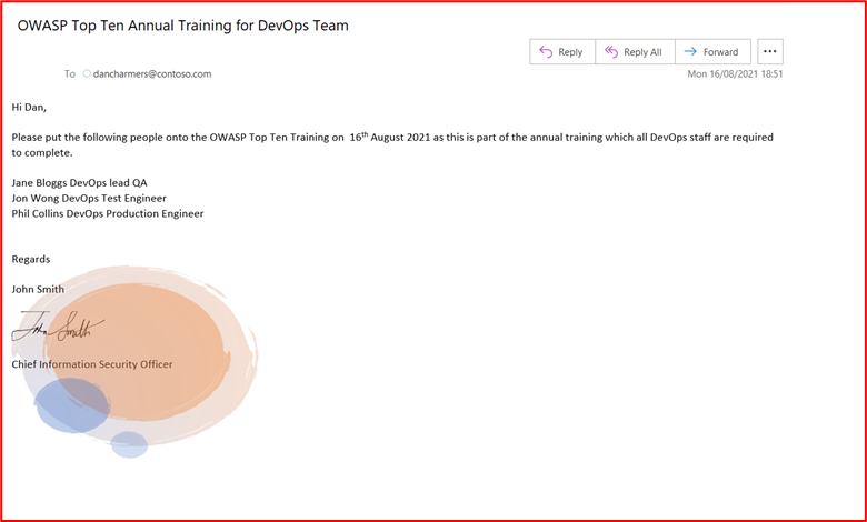 E-mail a pedir que a equipa do DevOps seja inscrita na Formação Anual das Dez Principais Formações do OWASP