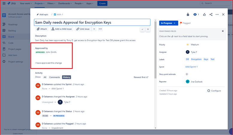 Captura de ecrã a demonstrar que foi criado um pedido em Jira para obter a aprovação diária de Sam para Chaves de Encriptação no ambiente de back-end dos sistemas2