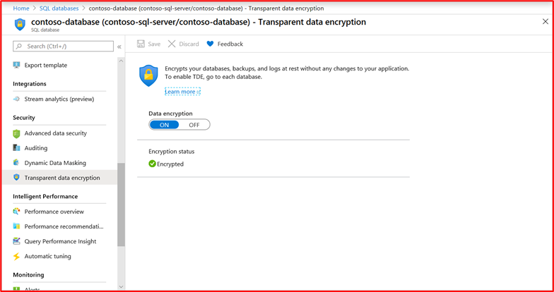 captura de ecrã a mostrar que a Encriptação de Dados Transparente (Encriptação de Dados Transparente) está ativada na Base de Dados Contoso