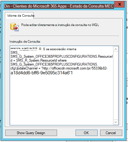 Uma captura de ecrã do Assistente do Configuration Manager a mostrar o editor de consultas.