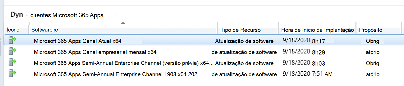 Uma captura de ecrã do Configuration Manager a mostrar atualizações de diferentes canais implementados na mesma coleção.