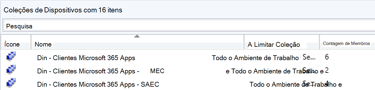 Uma captura de ecrã de Configuration Manager coleções com dispositivos movidos de uma coleção para outra.