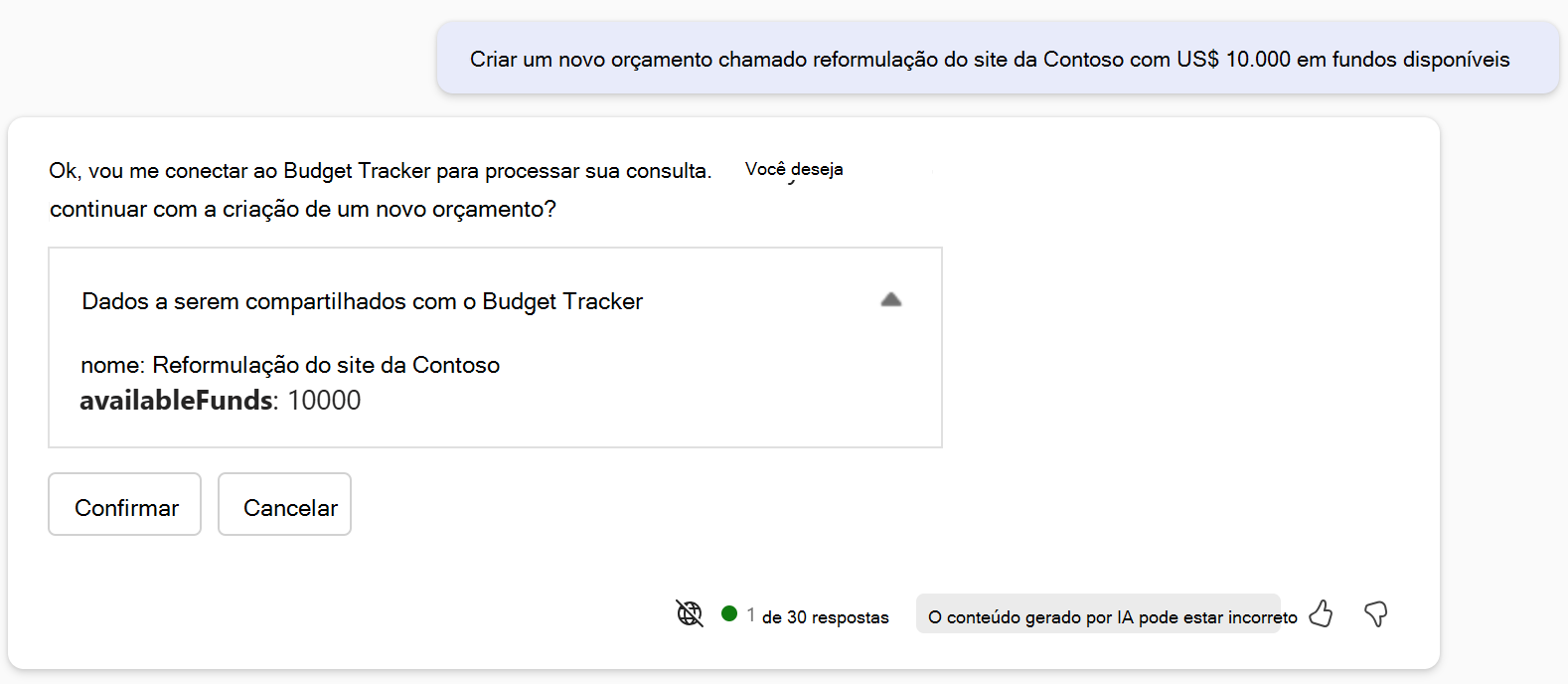 Caixa de diálogo de confirmação copilot para uma operação POST.