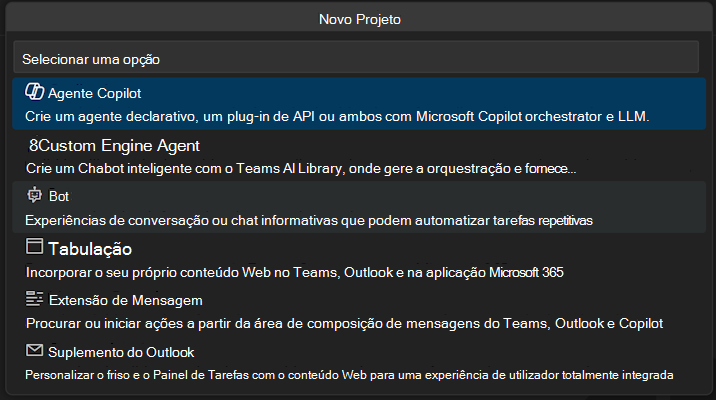 Uma captura de ecrã das opções de Novo Projeto com o Agente selecionado