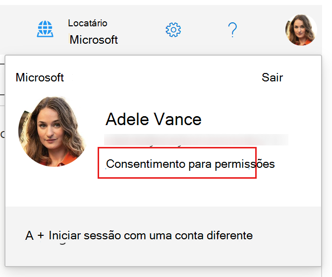 Captura de ecrã da lista de opções do perfil de utilizador no Graph Explorer