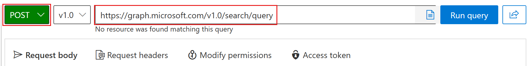 Uma captura de ecrã do campo de pedido do Graph Explorer com uma consulta de pesquisa