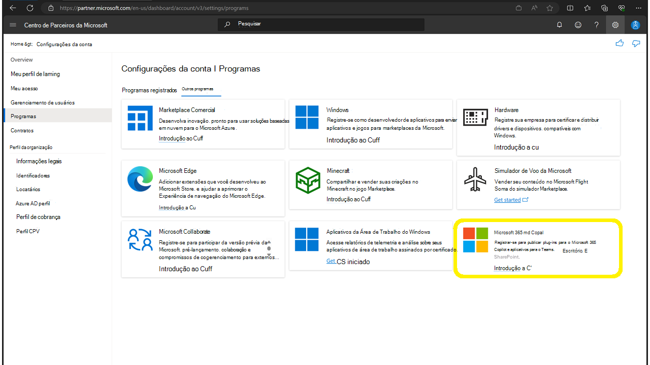 Captura de ecrã a mostrar o Centro de Parceiros da Microsoft aberto para 