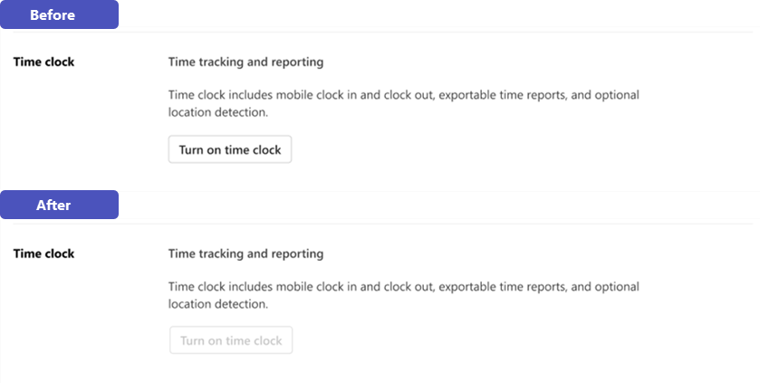 Exemplo da definição de relógio de hora em Turnos para gestores de primeira linha antes e depois de remover as permissões para alterá-lo.