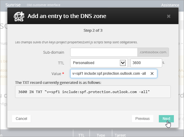 OVH Adicionar registo TXT para SPF e selecione Seguinte.