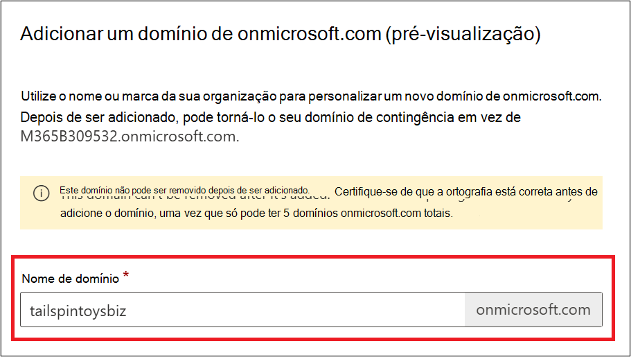 Captura de ecrã a mostrar a opção Adicionar domínio onmicrosoft.