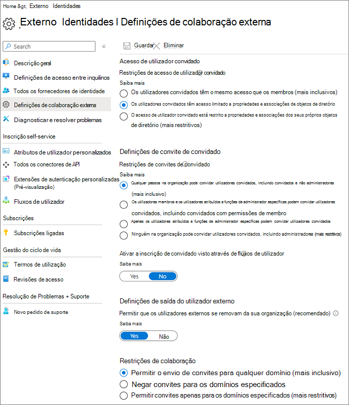 Captura de ecrã da página de definições de colaboração externa do Microsoft Entra.