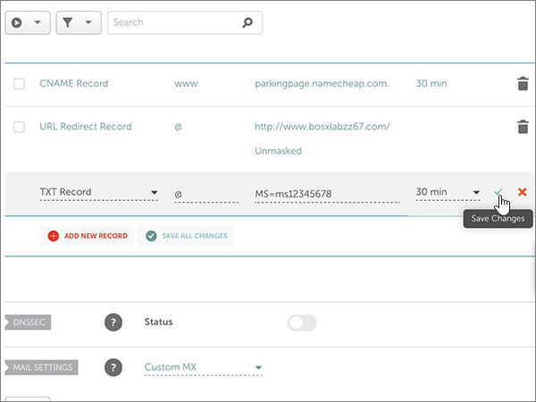 Captura de ecrã do controlo Guardar Alterações para o registo TXT de verificação de domínio.